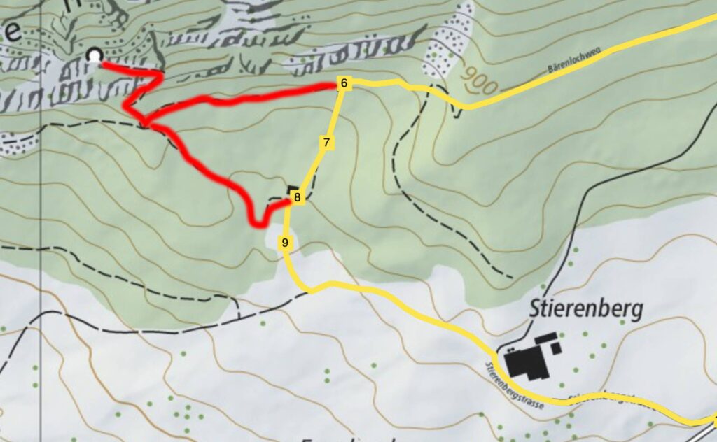 C'est plus ou moins par ici que je recommande à ceux qui n'ont pas le pied sûr de ne pas s'aventurer jusqu'au Bärenloch mais de couper directement pour retrouver la suite du tracé, comme indiqué sur la carte ci-dessous (donc ne pas suivre le tracé rouge qui mène au Bärenloch mais suivre la partie jaune)
